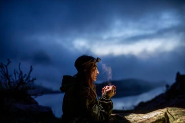 A man sits in a rural setting with a dog by his side and cows grazing nearby