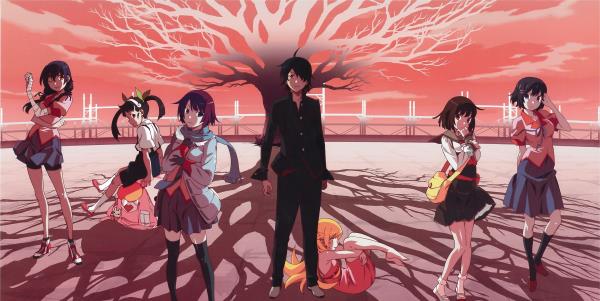 Koyomi Araragi, Hitagi Senjougahara, Mayoi Hachikuji, Suruga Kanbaru, Nadeko Sengoku, Shinobu Hanekawa, and Tsubasa Hanekawa in front of a tree and red sunset