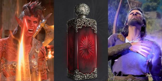 split image showing karlach and gale next to co<em></em>ncept art of a potion in baldur's gate 3