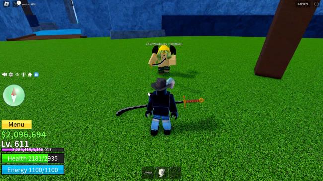 Roblox Blox Fruits, the Chief Warden next to a character