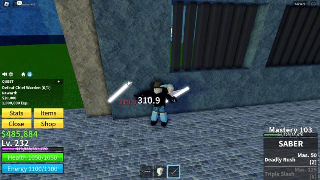 Roblox Blox Fruits, a chracter attacking the Chief Warden through the wall