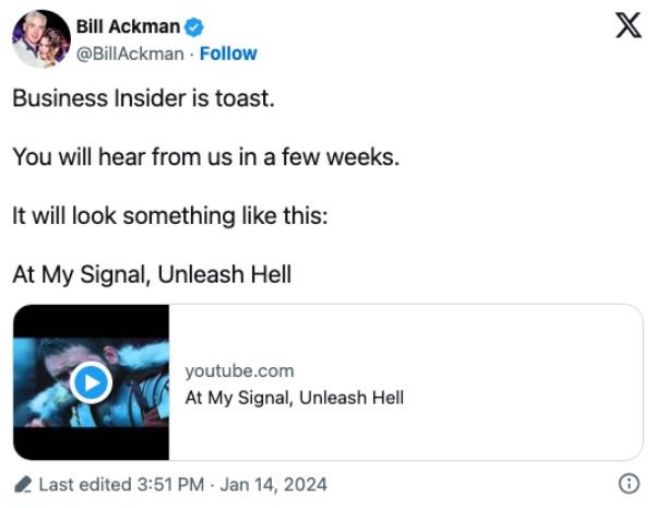 Ackman wrote on X that 