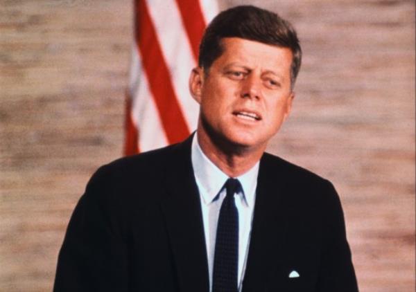 10/7/1960- President John F. Kennedy addresses at the podium.