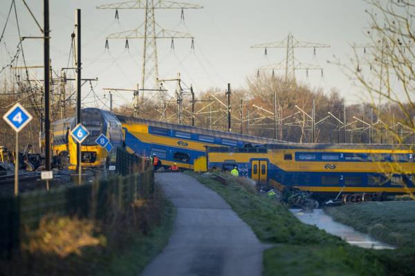 A train partially derailed in Voorschoten, near The Hague, Netherlands, sending at least one carriage into a field next to the tracks on April 4, 2023.