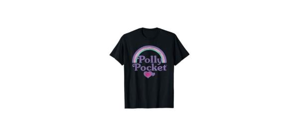 black Mattel Polly Pocket Rainbows T-shirt with picture of a rainbow and a heart on it, text: 