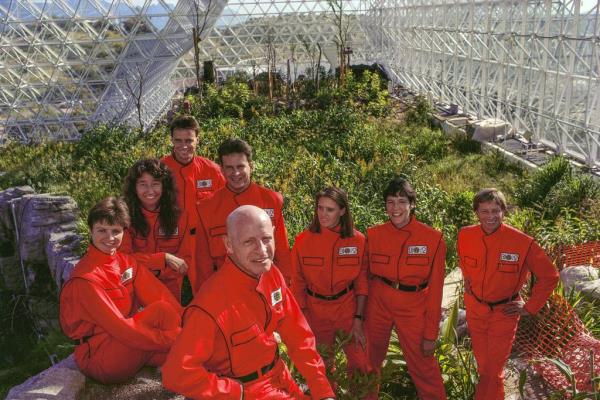 Biosphere 2 participants are shown in a still image from the 2020 docu<em></em>mentary "Spaceship Earth," which chro<em></em>nicles their two-year experiment. (Peter Menzel/Neon via AP)