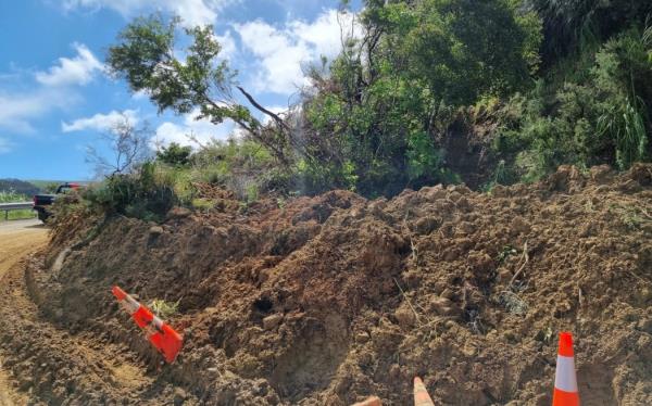 More than a hundred vehicles backed up on Matakana Valley Road, wher<em></em>e a large slip is blocking one lane. The police were on-site at the Auckland region road, which is one of two routes between the towns of Wellsford and Leigh.