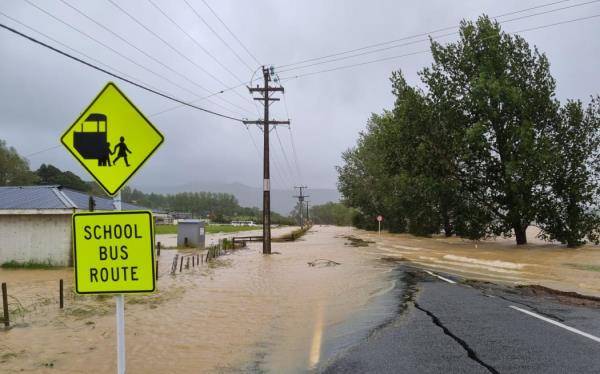 Flooded roads in Kaipara District, Northland.