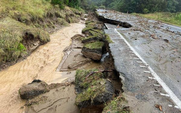 A slip across the road at Sailors Grave, near Tairua, during Cyclone Gabrielle. 14/2/23