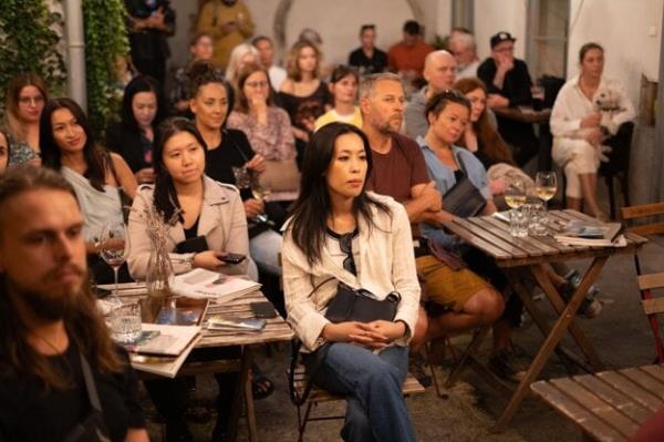 A discussion during the fjú?n festival in Bratislava in September 2023.