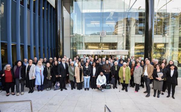 Whānau and members of the Wakatū Incorporation outside the High Court on the first day of the hearing in August 2023.