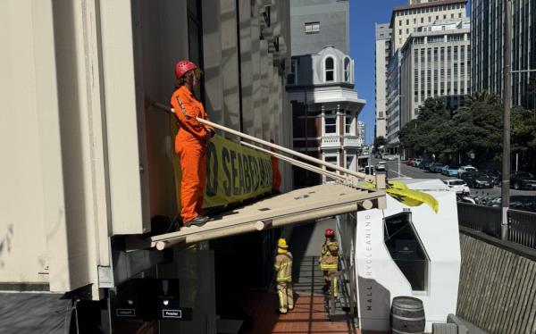 Greenpeace protesters at the Wellington offices of the mining lobby group Straterra, protesting plans to fast-track seabed mining in the South Taranaki Bight.