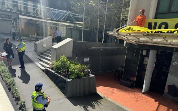 Greenpeace protesters at the Wellington offices of the mining lobby group Straterra, protesting plans to fast-track seabed mining in the South Taranaki Bight.