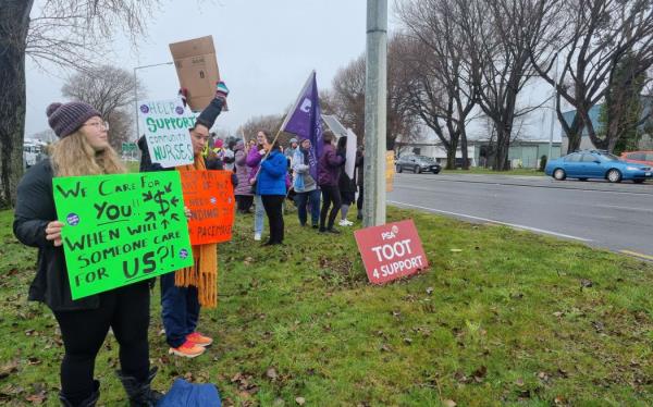 Access Home Health nurses out on strike in Christchurch on 15 July 2024.