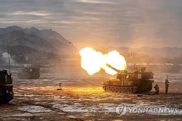 A tank fires an artillery round during live-fire exercises on Jan. 1, 2024, in this photo provided by the Army. (PHOTO NOT FOR SALE) (Yonhap)