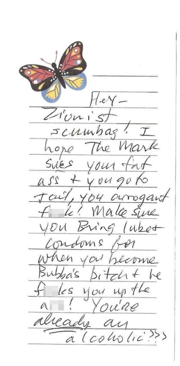 Hate message received by Theodore Weintraub