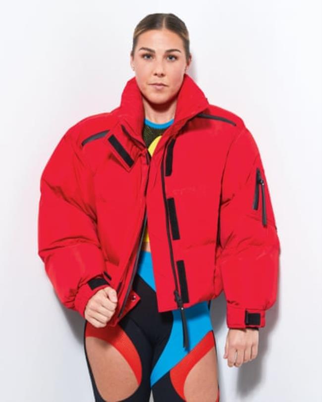 Portrait of Mary Earps in red padded jacked and sports gear