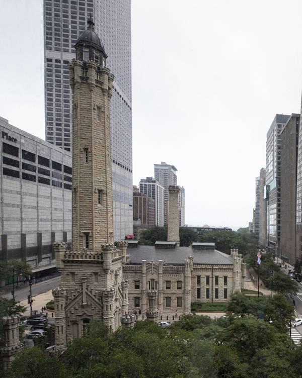 The Chicago Water Tower and Pumping Station along Michigan Avenue that survived the Great Chicago Fire in 1871, July 12, 2021.
