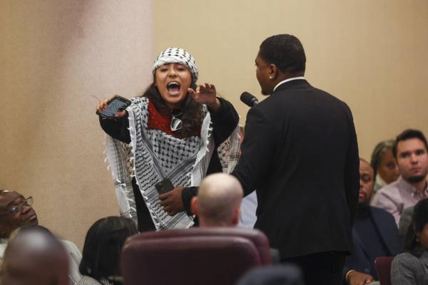 Yolanda Judeh speaks against a future resolution from Ald. Debra Silverstein, 50th, regarding the Hamas attacks on Israel during public comment during the City Council meeting on Oct. 11, 2023, at Chicago City Hall.