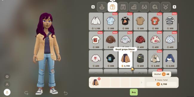 Coral Island: An image of the player in the Royal Grape Blazer in the shop menu at the White Flamingo