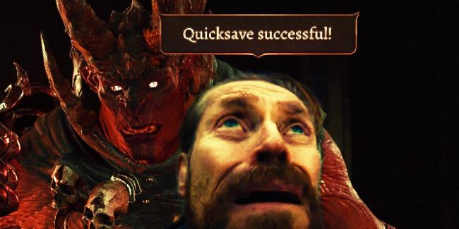 A villain from Baldur's Gate 3 and that meme of Willem Dafoe looking up at a notification that says 