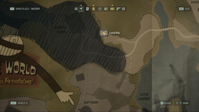 the map of watery in alan wake 2, with the player positio<em></em>ned near the lunch box in the hidden forest campsite north of coffee world