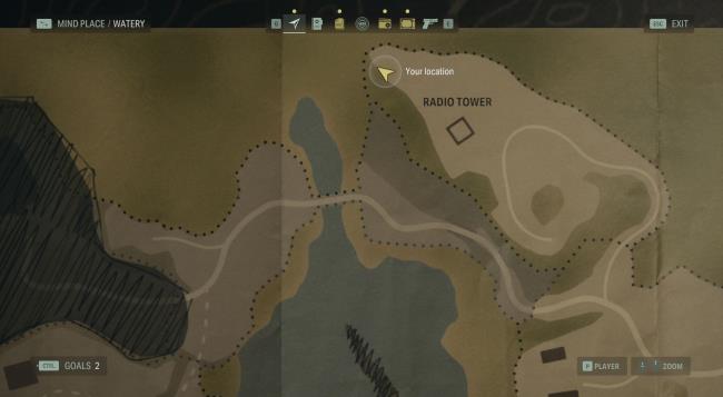 the map of Watery in Alan Wake 2, with the player positio<em></em>ned near the lunch box north of the radio tower