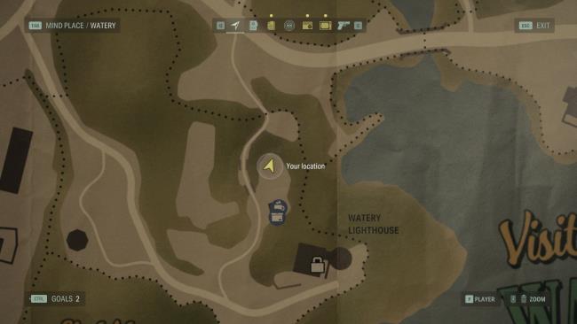 the map of watery in alan wake 2, with the player positio<em></em>ned near the lunch box on the lighthouse trail