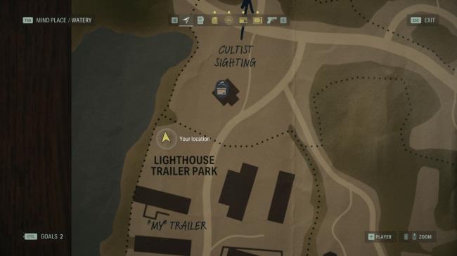 the map of watery in alan wake 2, with the player positio<em></em>ned at the lunch box in the trailer park