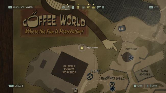 the map of watery in alan wake 2, with the player positio<em></em>ned near the lunch box hidden at the rear of the kale<em></em>vala knights motorcycle club