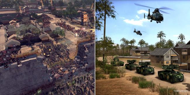 a siege in total war three kingdoms alo<em></em>ngside a tank column in wargame red dragon