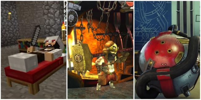 A player in iron armor sleeping in bed, a felyne from Mo<em></em>nster Hunter Generations by a forge, and a recycler charge from Prey, left to right