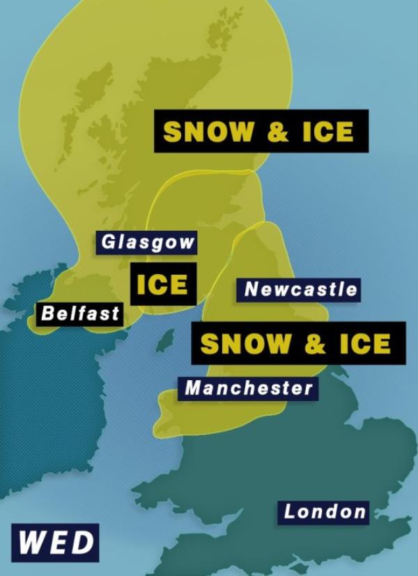地图显示英国降雪预警，降雪量可能高达20厘米