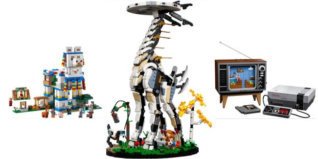 Video game Lego sets featuring Minecraft Llama Village, Horizon Forbidden West Tallneck, and Nintendo Entertainment System
