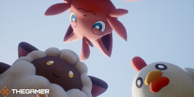 Palworld Lamball, Cattiva, and Chikipi looking over the player