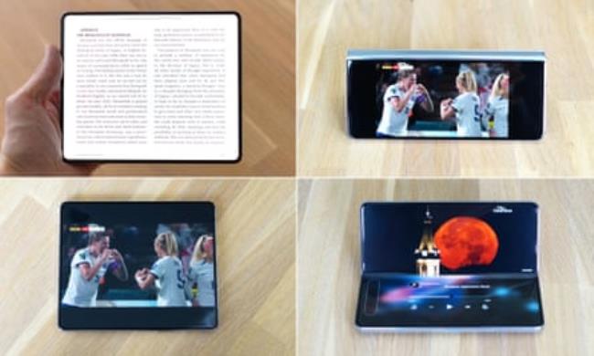 The Samsung Galaxy Z Fold 5 open in various different configurations.