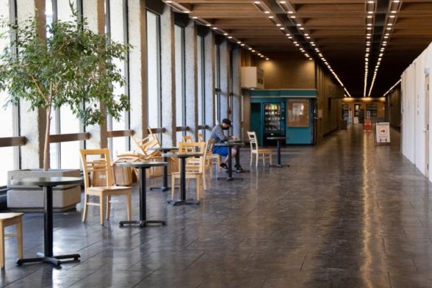A lone person sits at a table in a long hallway of empty tables and chairs inside a post-seco<em></em>ndary building on campus