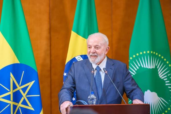 This handout picture released by the Brazilian Presidency shows Brazil's President Luiz Inacio Lula da Silva speaking during a press co<em></em>nference in Addis Ababa on February 18, 2024. (Photo by Ricardo STUCKERT / Brazilian Presidency / AFP) / RESTRICTED TO EDITORIAL USE - MANDATORY CREDIT