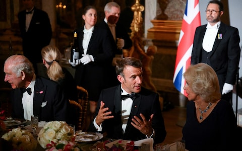Emmanuel Macron, Britain's King Charles and Britain's Queen Camilla