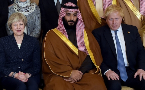 British Prime Minister Theresa May, Crown Prince Mohammad bin Salman and Boris Johnson in 2018