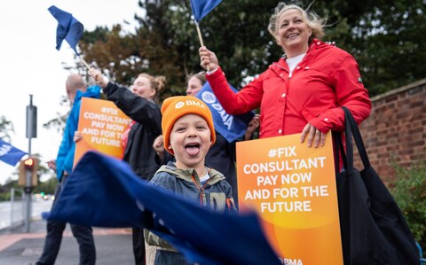 James, the son of a consultant, joins his mum on the picket line