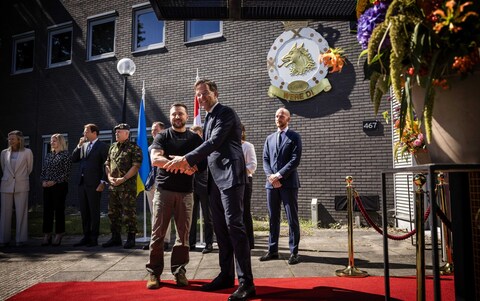 Mandatory Credit: Photo by ROB ENGELAAR/EPA-EFE/Shutterstock (14060643c) Ukrainian President Volodymyr Zelensky (L) is welcomed by Dutch outgoing Prime Minister Mark Rutte during Zelensky's visit at Eindhoven Air ba<em></em>se, in Eindhoven, the Netherlands, 20 August 2023. Dutch Prime Minister Rutte and Ukrainian President Zelensky meet at Eindhoven Air ba<em></em>se, Netherlands - 20 Aug 2023