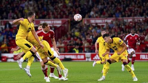 英超联赛，克里斯·伍德在第89分钟为诺丁汉森林打进绝杀球