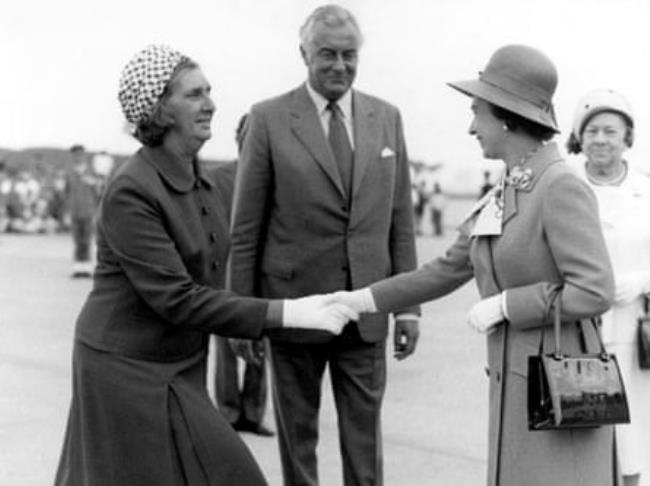 Then prime minister Gough Whitlam (middle) with Margaret Whitlam (left) meeting Queen Elizabeth II at the Opera House opening.