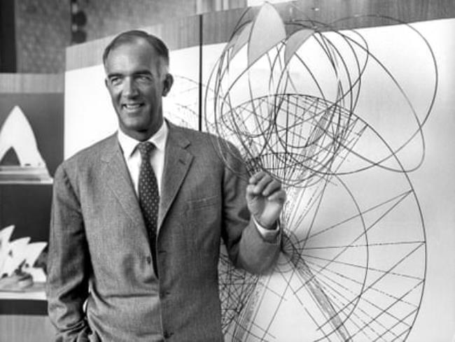 Danish architect Joern Utzon displaying his plans for the Sydney Opera House, 1967.