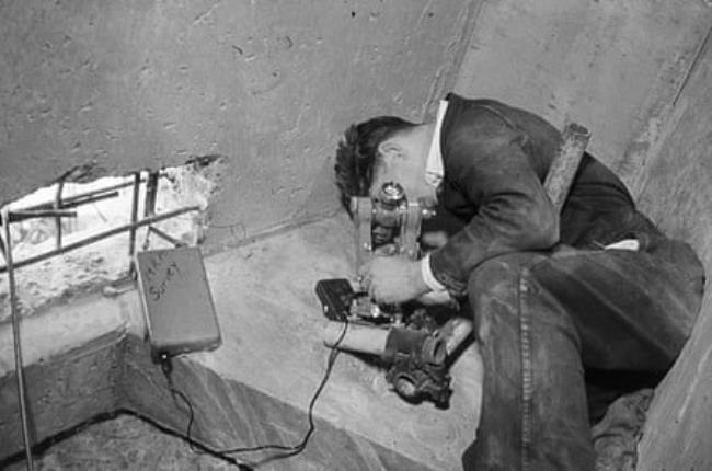 Surveying inside one of the shells.