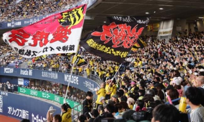 Hanshin Tigers fans wave flags to show their support in the stands of the stadium