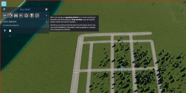 cities skylines 2 looking at district policies menu with empty street grid shown