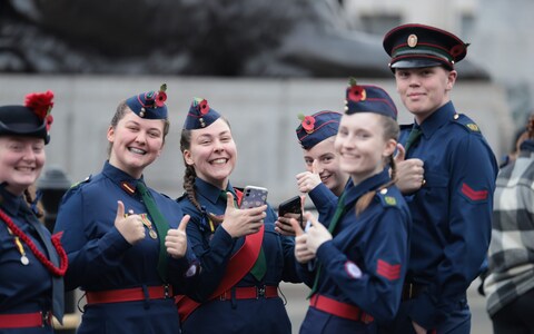 A group of cadets from Preston gather on Trafalgar Square in central Lo<em></em>ndon before the service at the Cenotaph on Whitehall