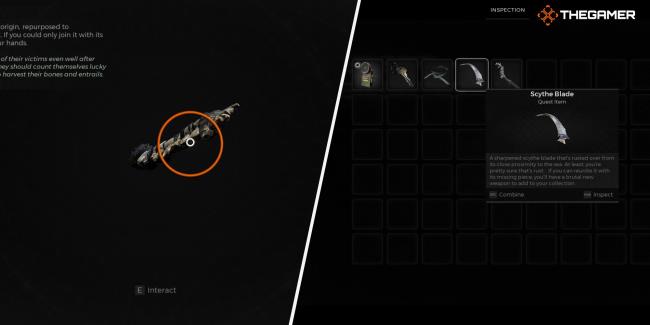 Left: a circle showing the interact option in the Scythe Hilt - Right: Picture showing that you can add the Scythe Blade to it Remnant 2 The Awakened King